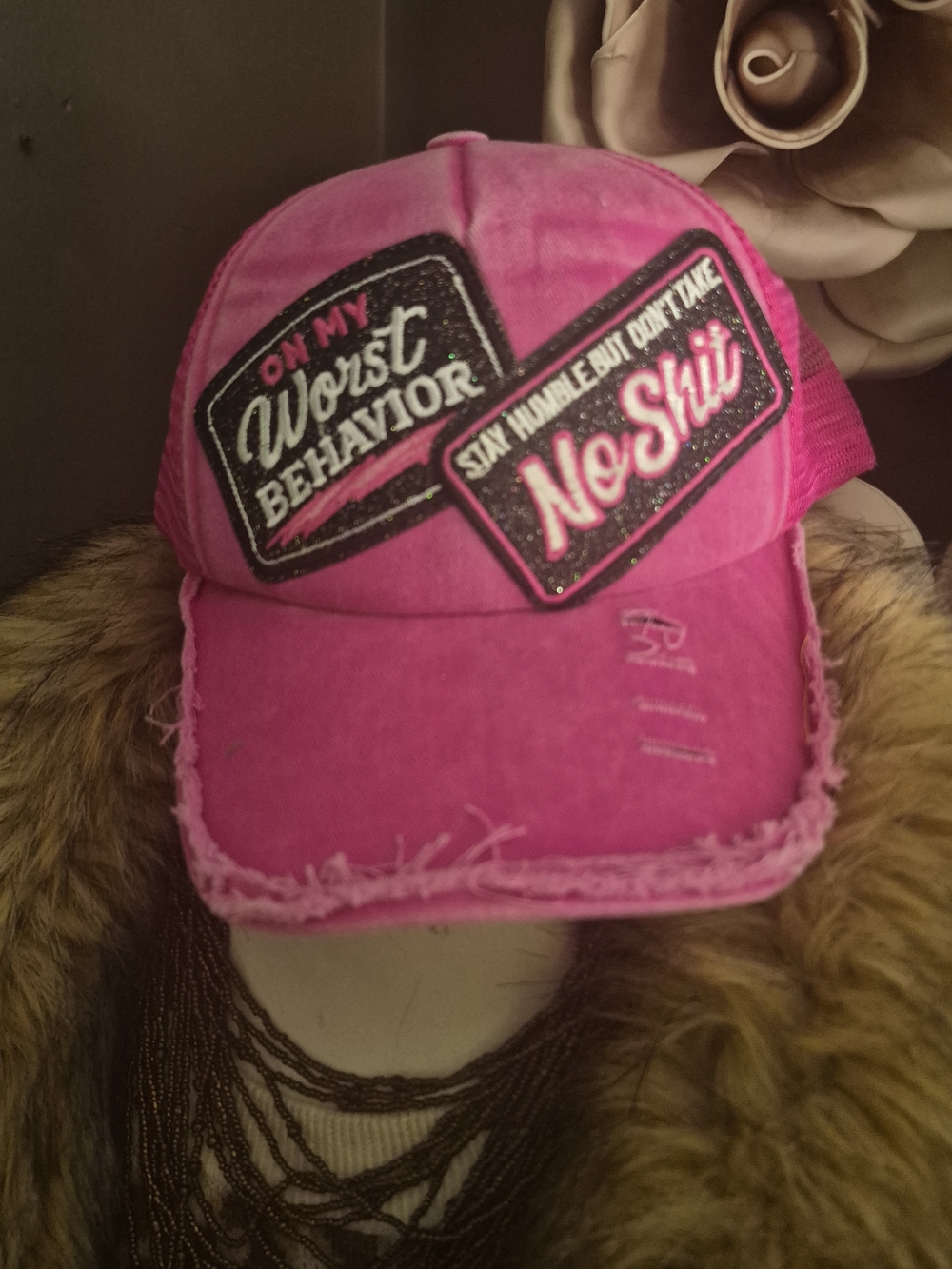 Pink Trucker Hat - 'On My Worst Behavior' Patch